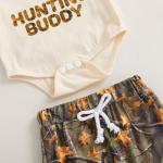 GOOCHEER Newborn Baby Boy Clothes Hunting Short Sleeve Romper Shirt Tops Pants Spring Summer Outfits Hat Set (Beige, 3-6 Months)