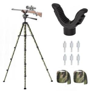 74” Rifle Tripod for Hunting and Shooting, Aluminum Shooting Tripod with V Yoke Gun Rest, Ground Spikes and 2 Camo Straps for Outdoor Rifle Support