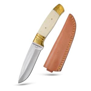 Old Ram Handmade Fixed Blade Hunting Knife – 8.5" Overall, 4" 440 Stainless Steel Full Tang Blade, Bone Handle with Brass Bolster & Pommel, Leather Sheath