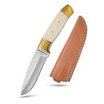 Old Ram Handmade Fixed Blade Hunting Knife – 8.5" Overall, 4" 440 Stainless Steel Full Tang Blade, Bone Handle with Brass Bolster & Pommel, Leather Sheath