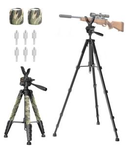 74" Hunting Rifle Tripod, V Yoke Shooting Rest with 6 Ground Spikes, 2 Camo Straps and Aluminum Frame for Hunting, Crossbow Support and Outdoor Field Shooting