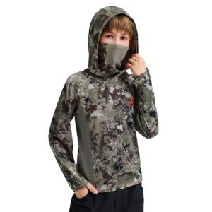 BASSDASH Youth UPF 50+ Camo Hunting Hoodie Shirt with Neck Gaiter Quick Dry Long Sleeve Hooded Tee for Fishing Hiking FS02Y