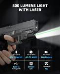 EZshoot 800 Lumens Pistol Light Laser Combo Rechargeable, Pistol Flashlight with Slidable Rail Compatible with Glock and Picatinny Rail, Gun Light with Green Laser Beam