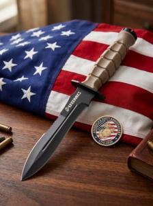 MTECH USA Officially Licensed USMC Fixed Blade Knife with Guard, 11.8 Inch Stainless Steel Blade, Textured Handle, Nylon Sheath with Lanyard, Tactical Outdoor Survival Knife (Tan)