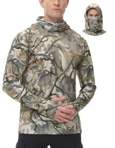 FISHEAL Men's Hunting Shirts with Mask - UPF 50+ Camo Long Sleeve Fishing Hoodie Shirt with Adjustable Drawstring