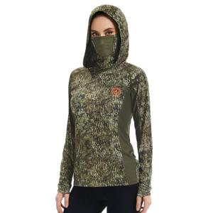 BASSDASH Women's UPF 50+ Camo Hunting Hoodie with Neck Gaiter Breathable Performance Long Sleeve Fishing Hooded Tee FS03W