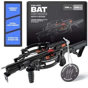 BALLISTA BAT Reverse T-Buttstock Draw Compound Crossbow for Hunting, Fishing and Target - Fast 340 fps, Powerful 150 lbs, Lightweight 4 lbs