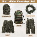 DoCred Ghillie Suit, 3D Camouflage Hunting Apparel 5 in 1 Ghillie Suit Including Jacket, Pants, Hood, Carry Bag, Camo Hunting Clothes for Men, Adults, Youth