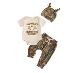 GOOCHEER Newborn Baby Boy Clothes Hunting Short Sleeve Romper Shirt Tops Pants Spring Summer Outfits Hat Set (Beige, 0-3 Months)