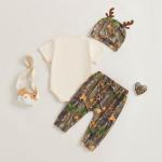 GOOCHEER Newborn Baby Boy Clothes Hunting Short Sleeve Romper Shirt Tops Pants Spring Summer Outfits Hat Set (Beige, 0-3 Months)