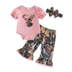 DSOKUHIB Newborn Baby Girl Hunting Clothes Deer Puff Short Sleeve Romper Jungle Camo Flare Pants Set 3 Piece Summer Outfit (Pink, 3-6 Months)