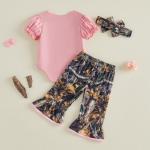 DSOKUHIB Newborn Baby Girl Hunting Clothes Deer Puff Short Sleeve Romper Jungle Camo Flare Pants Set 3 Piece Summer Outfit (Pink, 3-6 Months)