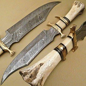Damascus Steel Fixed Blade Hunting Knife with Sheath