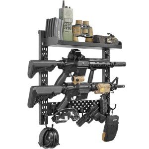 OneTigris Gun Rack Wall Mount 12, Hold Up 80lbs Indoor Gun Rack for Wall with Shelf Horizontal with 10 Hooks and 1 Removable Gun Accessories Tray 21.5"*22.1"