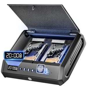 Large Biometric Gun Safe fits 4 pistols, 100 Sets of Fingerprint Handgun Safe with Internal Light & Silent Mode, Emergency Power Supply Gun Lock Box for Home Bedroom Bedside Nightstand and Car TOPMEDA