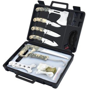 Jellas Hunting Knife Set, 13 Pieces Hunting Gear with Butcher Knife, Skinning Knife, Gut Hook, Bone Saw, Hard-Side Case, Fixed Blade Knife, Field Dressing Kit, Portable Butcher Game Processor Set