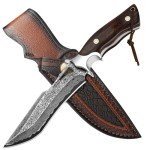 Damascus Hunting Knife with Leather Sheath,10.4"Fixed Blade Hunting Knife with Lanyard,Real Damascus Steel Knives with VG10 Core &Wood Handle,EDC Full Tang Knives for Adventure Survival Hiking Camping