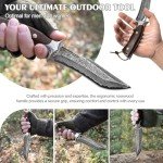 Damascus Hunting Knife with Leather Sheath,10.4"Fixed Blade Hunting Knife with Lanyard,Real Damascus Steel Knives with VG10 Core &Wood Handle,EDC Full Tang Knives for Adventure Survival Hiking Camping