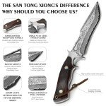 Damascus Hunting Knife with Leather Sheath,10.4"Fixed Blade Hunting Knife with Lanyard,Real Damascus Steel Knives with VG10 Core &Wood Handle,EDC Full Tang Knives for Adventure Survival Hiking Camping
