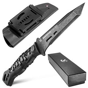 ZUNE LOTOO Tactical Survival Knife with Kydex Sheath, D2 Steel Fixed Blade Knives & G10 Handle, Full Tang Knife for Men Camping Hiking Hunting Bushcraft Black