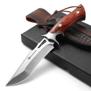 DRACHENADER 10.24" M390 Knives Hunting Knife, Fixed Blade Knife with Leather Sheath, Bushcraft Full Tang Knife Non-slip Red Coloured Wooden Handle