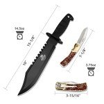 MOSSY OAK 15-inch Survival Bowie Knife & Folding Pocket Knife, Fixed Blade Hunting Knife with Sheath, Sharpener and Fire Starter Inculded, Tactical Knife for Camping, Hunting, Outdoor