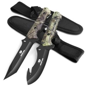 Mossy Oak Fixed Blade Hunting Knife Set - 2 Piece, Full Tang Handle Straight Edge and Gut Hook Blades Game Processing Knife, Sheath Included - Green Camo