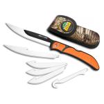 OUTDOOR EDGE RazorBone Replaceable Blade Folding Hunting Knife with Clip & Sheath, 3 Butcher Knife Blade Styles - Boning, Gutting, & Skinning Knives. Blaze Orange, Camo Sheath, 6 Blades & Blade Box