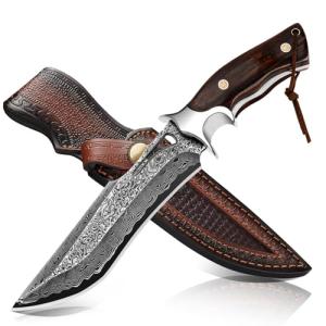 Damascus Hunting Knife with Leather Sheath,10.4"Fixed Blade Hunting Knife with Lanyard,Real Damascus Steel Knives with VG10 Core &Wood Handle,EDC Full Tang Knives for Adventure Survival Hiking Camping