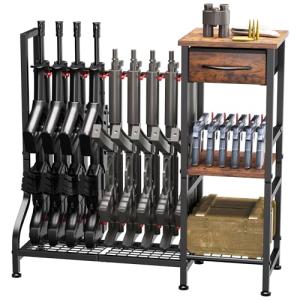 YOHKOH Gun Rack for Heavy-Duty Gun Storage with 9 Open Slots and 6 Pistol Holders, Includes Wood Shelf and Drawer, Black Finish with Reinforced Carbon-Steel, Freestanding for Indoor Home Garage Use