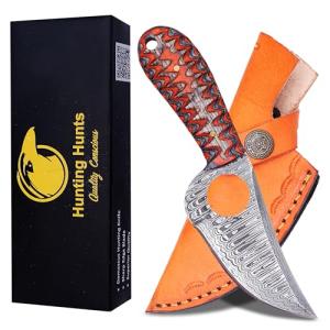 HUNTING HUNTS Predator Hunter - Handmade Damascus Knife with Leather Sheath - For Skinning, Camping, Outdoor - EDC 7” Fixed Blade Bushcraft Knives | Red Black Exotic Wood Handle