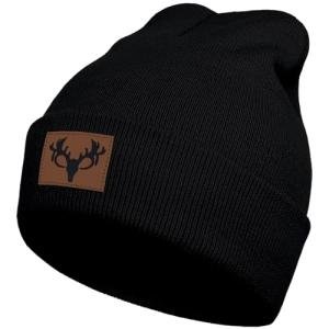 gswirmchsq Deer Hunting Beanie Hat Black, Cute Funny Leather Patch Winter Knit Skull Cap Hunting Gifts for Adult Men Women