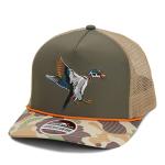 Paramount Outdoors Wood Duck Trucker Rope Cap Mesh Back Vintage Waterfowl Duck Hunting Cap in Olive Throwback Camo