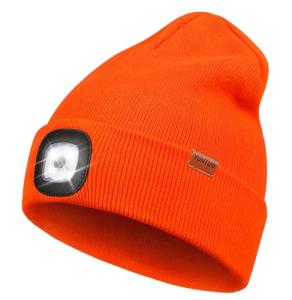 LED Beanie with The Light, Unisex USB Rechargeable Headlamp Hat Winter Knitted Night Lighted Cap Flashlight Women Men Gifts for Dad Him Husband (Orange)