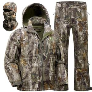 Wild Cedar Camo Hunting Clothes for Men with Fleece Lining,Quiet Insulated Hunting Jacket and Pants, Water Resistant Suit for Cold Weather Deer Duck Hunting