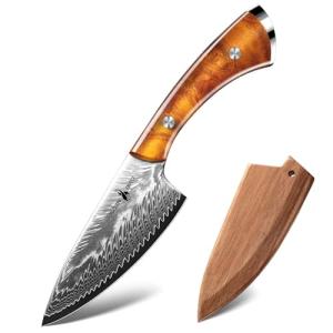 Golden Bird Damascus Steel Knife for Kitchen and Outdoor - Hand Forged Chef Camping Knife with Resin Handle & Wood Sheath, All Purpose Cooking Survival Hunting Knives,Gift for Men & Women