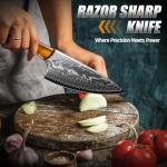 Golden Bird Damascus Steel Knife for Kitchen and Outdoor - Hand Forged Chef Camping Knife with Resin Handle & Wood Sheath, All Purpose Cooking Survival Hunting Knives,Gift for Men & Women