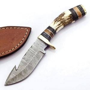 BLAYDZ Damascus Steel Deer Hunting Knife with Gut Hook Stag Horn Handle - 8" Overall Length Hunting Knife with Guk Hook blade with Leather Sheath (Gut Hook)