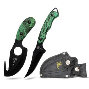 Elk Ridge-Outdoors 2-PC Fixed Blade Hunting Knife Set-Black Stainless Steel Skinner&Gut Hook Blades,Camo Coated Nylon Fiber Handles,Nylon Sheath-Hunting,Survival-ER-300CA,7-Inch/6.5-Inch Overall