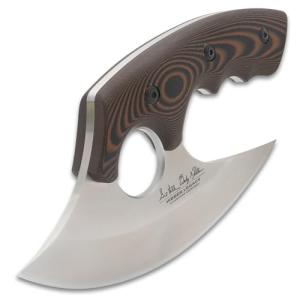 Hibben Legacy Tundra Ulu Knife | Gil & Wesley Hibben Design | Mirror-Polished 420HC Stainless Steel Curved Blade | 7 1/4 Inch Overall | Black/Brown Micarta Handle Scales | Genuine Leather Belt Sheath