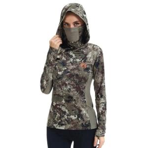 BASSDASH Women's UPF 50+ Camo Hunting Hoodie with Neck Gaiter Breathable Performance Long Sleeve Fishing Hooded Tee FS03W