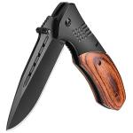 KEXMO Pocket Knife for Men - Sharp Blade Wood Handle Pocket Folding Knives with Clip, Glass Breaker - EDC Knives for Survival Camping Fishing Hiking Women, Large, Black