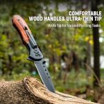 KEXMO Pocket Knife for Men - Sharp Blade Wood Handle Pocket Folding Knives with Clip, Glass Breaker - EDC Knives for Survival Camping Fishing Hiking Women, Large, Black