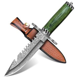 Purple Dragon Fixed Blade Knife with Sheath,Camping Knife with Damascus-Style Blade Pattern, Damascus Knife with Green Pakkawood Handle for Bushcraft,Survival&Outdoor Use