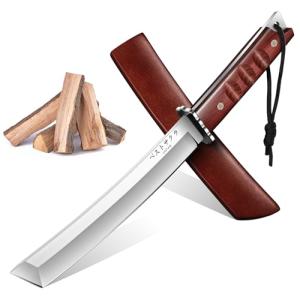 DRGSKL Japanese Fixed Blade Knife - Tanto Knives with Wooden Sheath - Survival Knives with Full Tang Handle - Bushcraft knives for Camping Outdoor, Gifts for Men