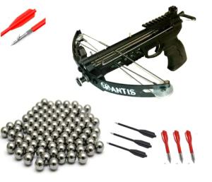 60lbs Mantis Compound Pistol Crossbow. Shoots Steel Balls and Regular Arrows. Featuring Fishing Spool and 15 Ball Magazine.