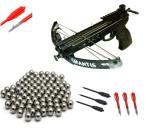 60lbs Mantis Compound Pistol Crossbow. Shoots Steel Balls and Regular Arrows. Featuring Fishing Spool and 15 Ball Magazine.