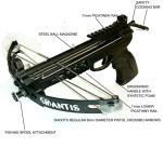 60lbs Mantis Compound Pistol Crossbow. Shoots Steel Balls and Regular Arrows. Featuring Fishing Spool and 15 Ball Magazine.