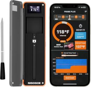 Smart Wireless Meat Thermometer with Thinnest Probe, Bluetooth Food Thermometer, Remote Tracking and Real-Time Readings from Apps, for iOS and Android, for BBQ, Grill, Smoker
