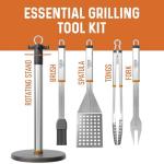 Stainless Steel BBQ Tool Set with Rotating Stand & Drip Pan | Grill Tool Kit Complete with Spatula, Tongs, Fork, Brush | Durable, Easy to Clean Grilling Kit | Essential BBQ Tools